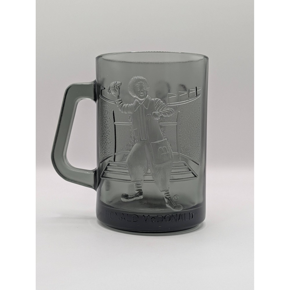 Vintage McDonalds Ronald McDonald Smoky Grey Glass Mug Football Stein Embossed
